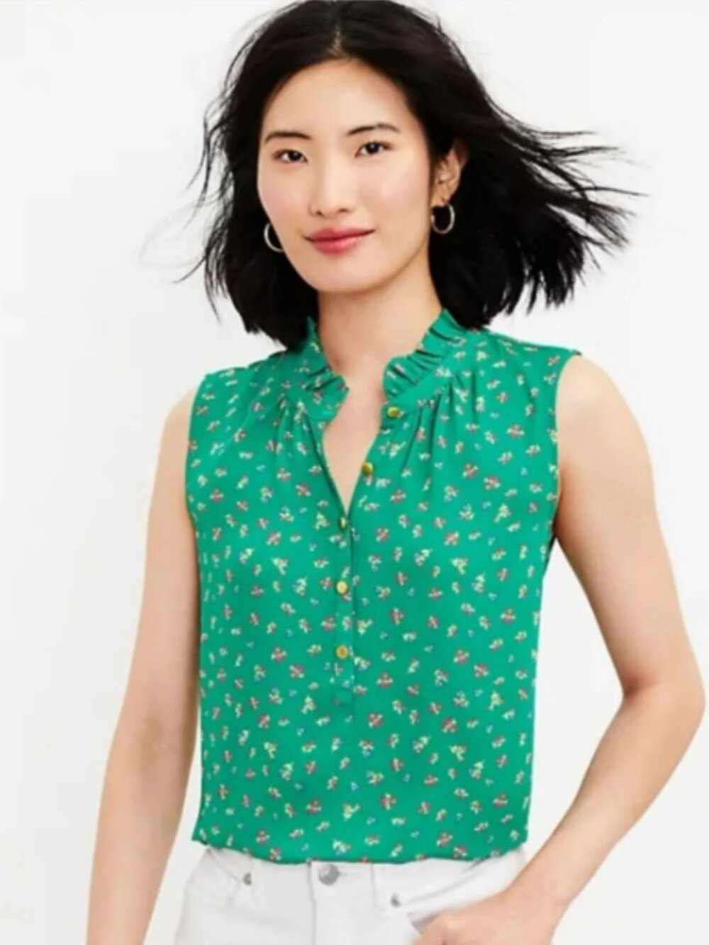 LOFT Green Floral Ruffle Collar Sleeveless Top